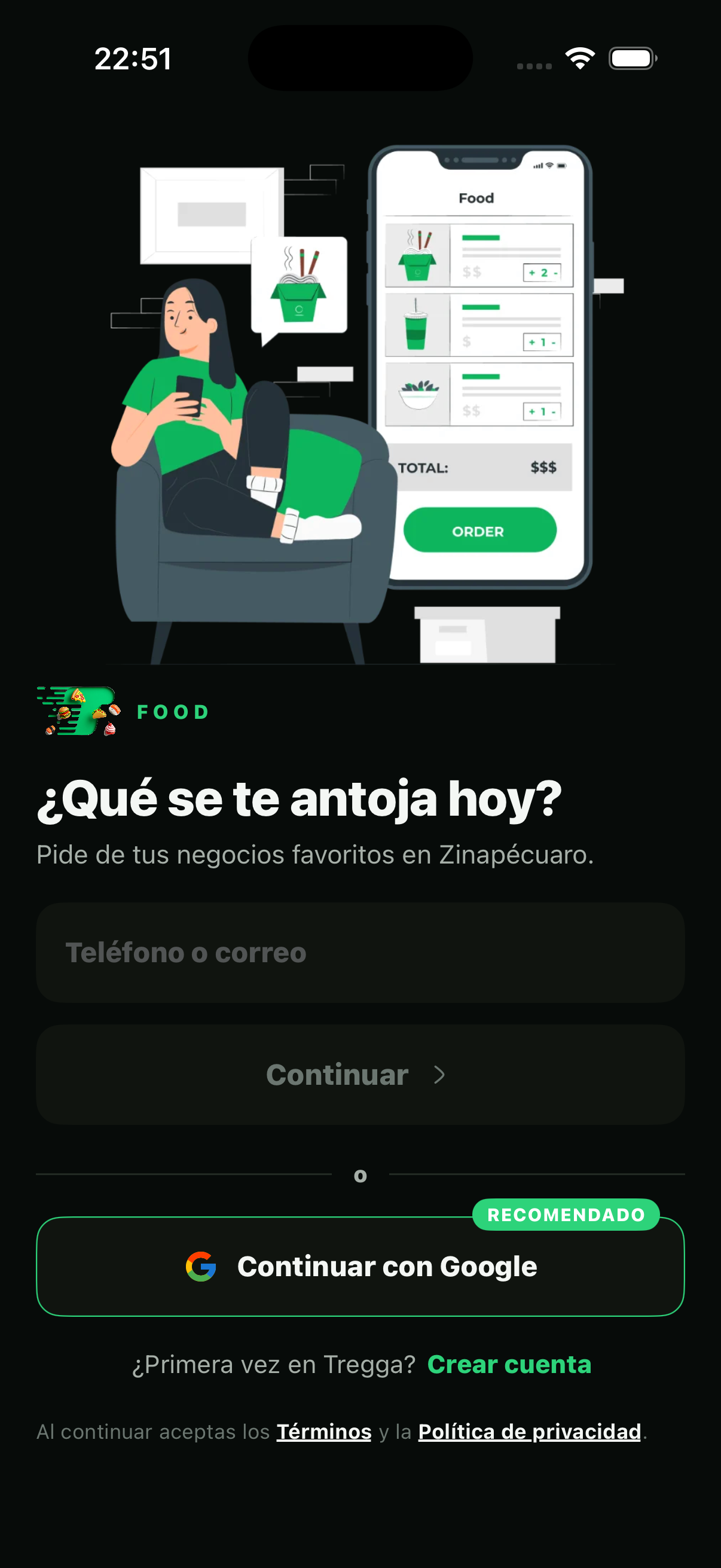 App de cliente Tregga — pide a domicilio